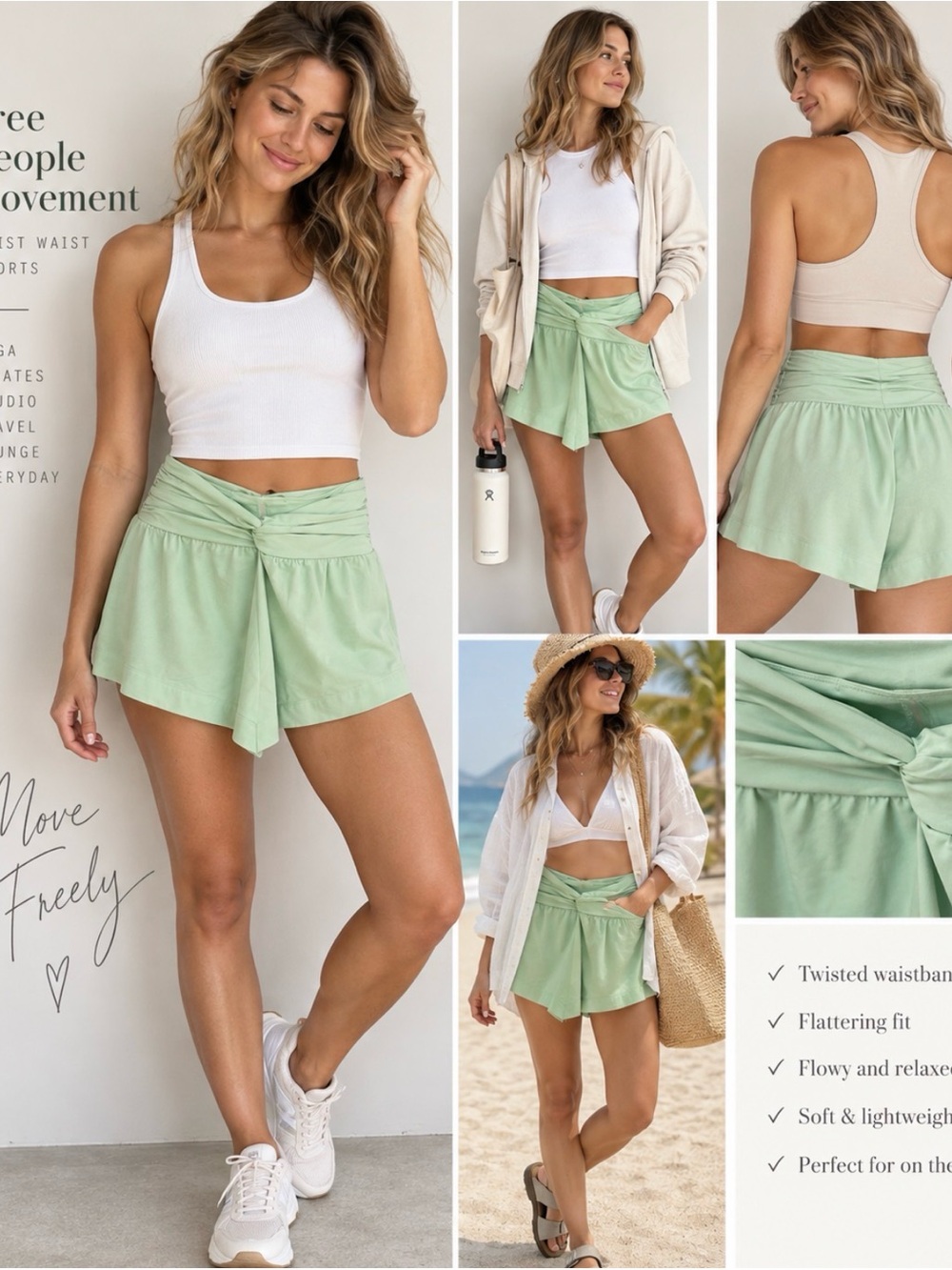 Free People Movement Cactus Light Green ruffle Twist Waist Shorts Size L NWT
